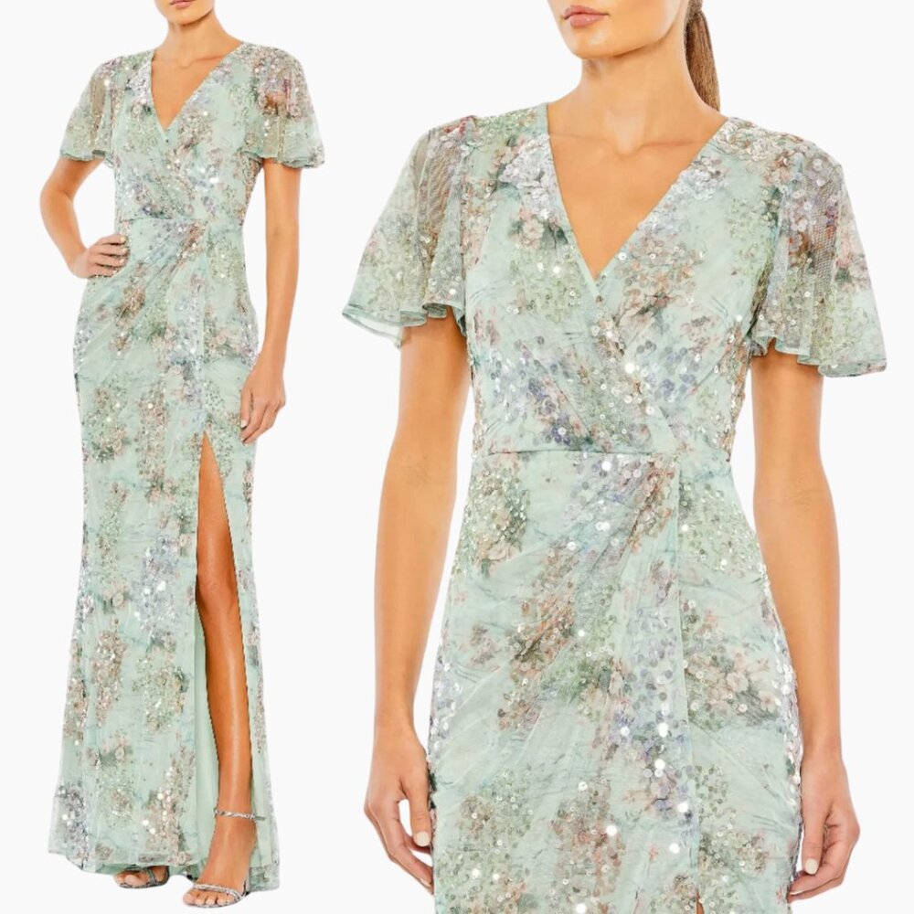 Mac Duggal 93749 Size 6 Light Green Floral Butterfly Sleeve Long Maxi Gown Dress
